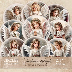 Círculos navideños de ángeles victorianos de 2,5 pulgadas, círculos vintage digitales imprimibles, descarga instantánea, hoja de collage digital, efímera vintage
