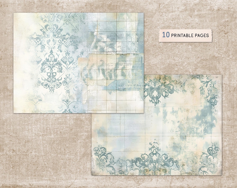 Vintage Blue Journal Paper, Shabby Chic Scrapbook Pages (digital ...