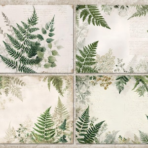 May include: Four rectangular paper sheets with a vintage aesthetic. Each features a different arrangement of green fern fronds and other foliage against a backdrop of faded, handwritten script. The edges have a distressed, aged look.