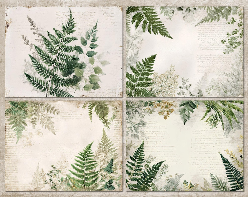 May include: Four rectangular paper sheets with a vintage aesthetic. Each features a different arrangement of green fern fronds and other foliage against a backdrop of faded, handwritten script. The edges have a distressed, aged look.