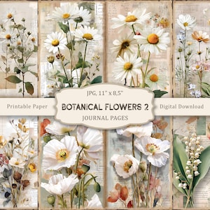 Op de afbeelding: Een verzameling afdrukbare journaalpagina's met aquarel botanische bloemen. De pagina's bevatten afbeeldingen van madeliefjes, klaprozen en andere bloemstukken. De tekst op de afbeelding luidt "BOTANICAL FLOWERS 2 JOURNAL PAGES" en "JPG, 11" x 8,5" (27,9 cm x 21,6 cm).
