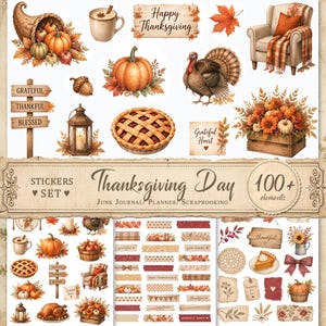 May include: A Thanksgiving Day sticker set featuring over 100 elements including a cornucopia, pumpkins, a turkey, a pie, a lantern, a wooden sign with text, a cozy armchair, and various decorative borders, labels, and autumn-themed illustrations.