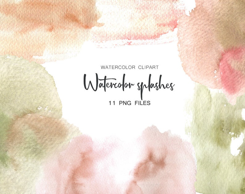 May include: Abstract watercolour clipart with pink, green, and peach watercolour splashes. The text "Watercolor splashes" is written in a cursive font, with "11 PNG FILES" below it.