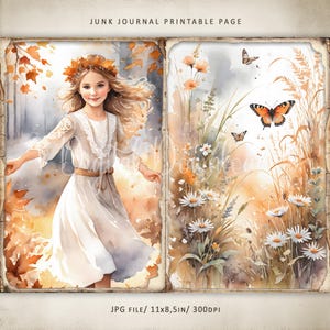 May include: A printable junk journal page with a watercolor illustration of a girl with long blonde hair wearing a white dress and a floral crown, walking through a forest with falling leaves. The second half of the page features a watercolor illustration of a field of white flowers and butterflies.