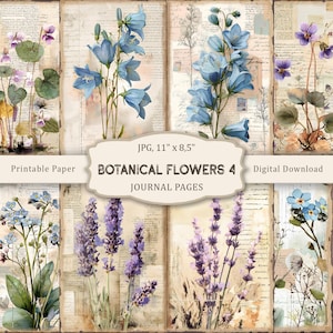 Op de afbeelding: Een collage van afdrukbare journaalpagina's met botanische bloemen. De pagina's tonen aquarel illustraties van blauwe, paarse en lavendel bloemen. De tekst op de pagina's luidt "BOTANICAL FLOWERS 4 JOURNAL PAGES" en "JPG, 27.9 cm x 21.6 cm".
