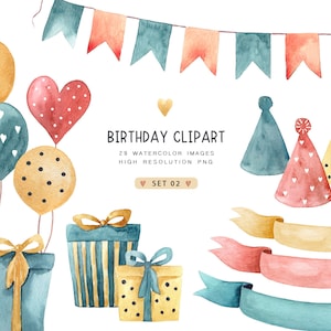Aquarell Clipart Geburtstag- 29PNG, Kinderparty, Ballons, Banner, Flaggen Clipart, Geschenkbox, Partyhüte, Kindergeburtstag, Partykappen