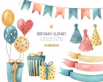 Watercolor clipart Birthday PNG, Children shower, Balloons, Banners, Flags clipart, Gift box,Party hats,Children birthday,Party caps,Digital