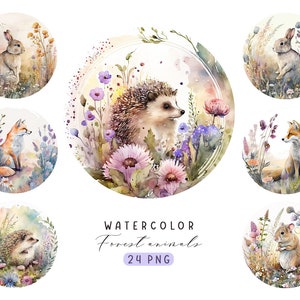 Aquarell Clipart von Waldtieren, Kaninchen Clipart, Fuchs Clipart, Igel Clipart, Bär Clipart, Dekor Waldtiere, Waldtiere PNG