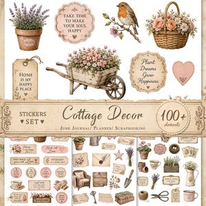 Può includere: Un foglio di adesivi digitali con oltre 100 elementi tra cui lavanda in vaso, un pettirosso su un ramo, un cesto di fiori, una carriola in legno con fiori rosa, forme a cuore ed etichette con testi come Take Time To Make Your Soul Happy.