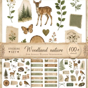 Adesivi a tema natura boschiva per junk journal, adesivi stampabili per agenda, ritagli di precisione, elementi digitali, scrapbooking, JPG