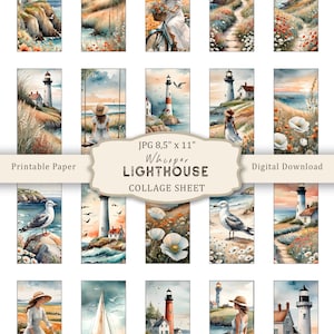 May include: A digital collage sheet featuring 16 watercolor illustrations of lighthouses, seascapes, and coastal scenes. The sheet is 8.5 inches by 11 inches and includes images of lighthouses, seashells, seagulls, flowers, and a woman walking on a beach. The text "Whisper Lighthouse Collage Sheet" is printed on the sheet.