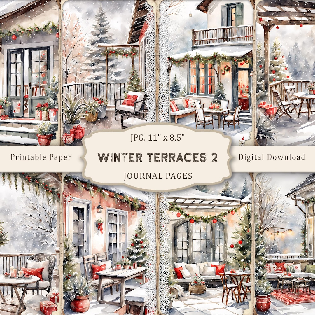 Winter Terraces #2 Junk Journal Pages, Rustic Christmas Porch Collages ...