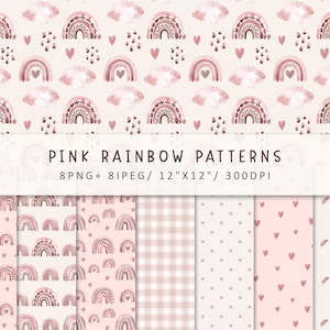 Modelli arcobaleno rosa, modelli senza cuciture acquerello, modelli di tessuti per bambini, carta arcobaleno digitale, baby shower, modelli per ragazze, scrapbooking