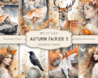 May include: A digital download of eight printable journal pages featuring watercolor illustrations of fairies, a deer, a crow, pumpkins, and fall foliage. The pages are 11 inches by 8.5 inches.