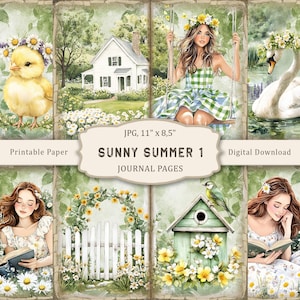 Zonnige zomer-1 Junk Journal, afdrukbare madeliefjespagina's, bloemenbotanisch papier, bloementuinpapier, scrapbooking, digitale vintage ephemera