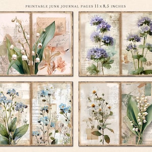May include: Four printable junk journal pages featuring vintage botanical illustrations of flowers. The pages are 11 x 8.5 inches and feature a variety of flowers, including lilies of the valley, forget-me-nots, and blue flowers.