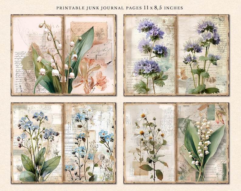 May include: Four printable junk journal pages featuring vintage botanical illustrations of flowers. The pages are 11 x 8.5 inches and feature a variety of flowers, including lilies of the valley, forget-me-nots, and blue flowers.