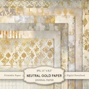 Neutral Gold Paper-3 Printable Set, Neutral Notebook Papers, Shabby Chic Scrapbooking Paper, Vintage Gold Craft Paper, Digital Download