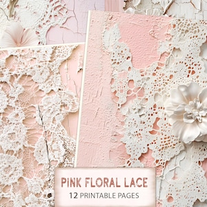 Páginas imprimibles de diario basura con encaje floral rosa, hojas de collage de encaje digital, diario basura digital con flores, papel imprimible con encaje vintage