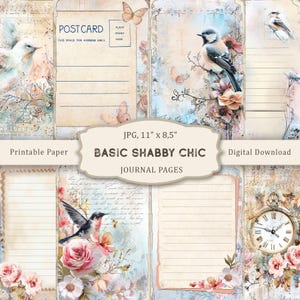 Diario basura con páginas básicas Shabby Chic, papel para álbumes de recortes vintage con líneas en blanco, páginas con pájaros, hojas de collage digital, diario de recuerdos con hojas en blanco