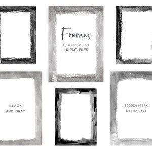 Aquarel clipartframes, zwarte en grijze frames, fotolijsten, verjaardagsframes, cadeaulijsten, frames voor sociale netwerken, png-frames