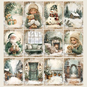 May include: A collection of twelve watercolor-style Christmas-themed images. The images depict winter scenes with snow, gifts, a snowman, Santa Claus, a cozy interior, and children with a teddy bear and a puppy. The color palette includes greens, browns, and whites.