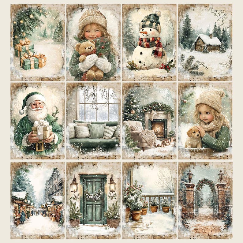 May include: A collection of twelve watercolor-style Christmas-themed images. The images depict winter scenes with snow, gifts, a snowman, Santa Claus, a cozy interior, and children with a teddy bear and a puppy. The color palette includes greens, browns, and whites.