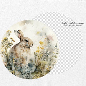 May include: Watercolor painting of a brown rabbit sitting in a field of yellow and green wildflowers. The rabbit is looking to the right, and the background is a soft watercolor wash of blue and green.