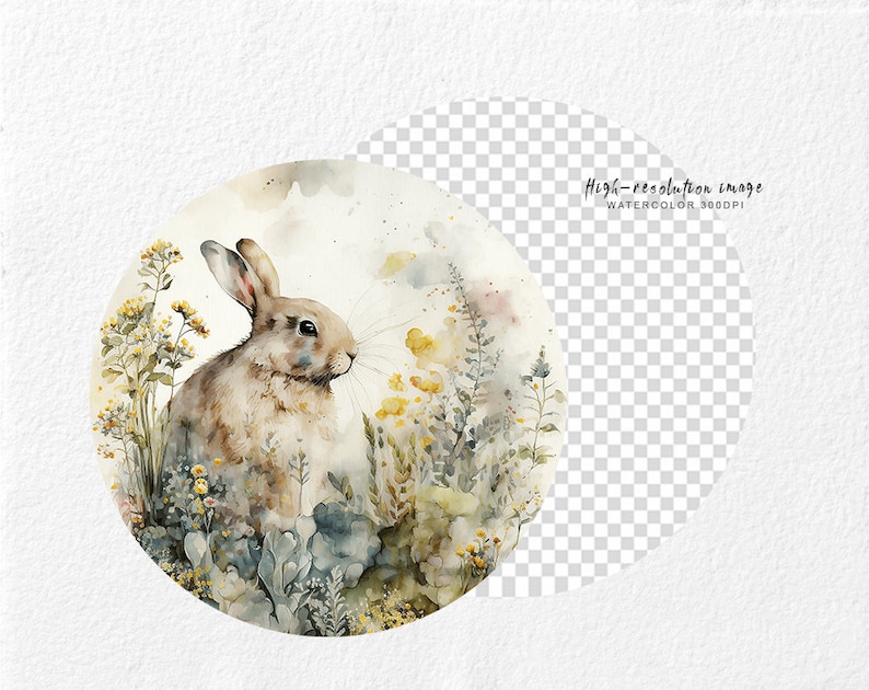 May include: Watercolor painting of a brown rabbit sitting in a field of yellow and green wildflowers. The rabbit is looking to the right, and the background is a soft watercolor wash of blue and green.