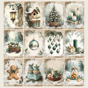 May include: A collection of twelve watercolor Christmas-themed cards. Each card features a different winter scene, including a lantern, birdhouse, Christmas tree, candles, ornaments, and baked goods. The cards have a vintage aesthetic with a snowy background.