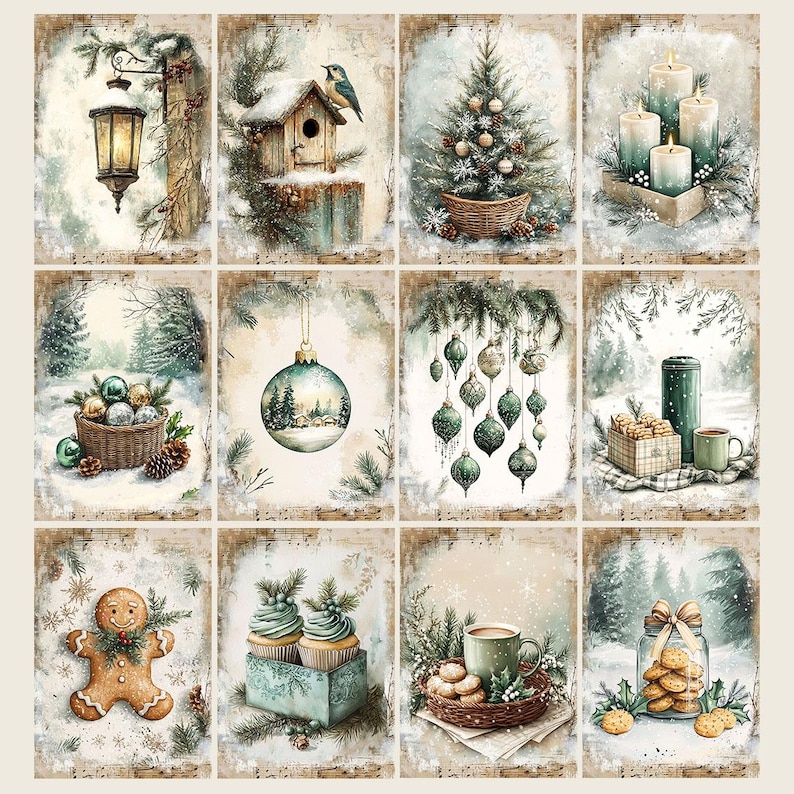 May include: A collection of twelve watercolor Christmas-themed cards. Each card features a different winter scene, including a lantern, birdhouse, Christmas tree, candles, ornaments, and baked goods. The cards have a vintage aesthetic with a snowy background.