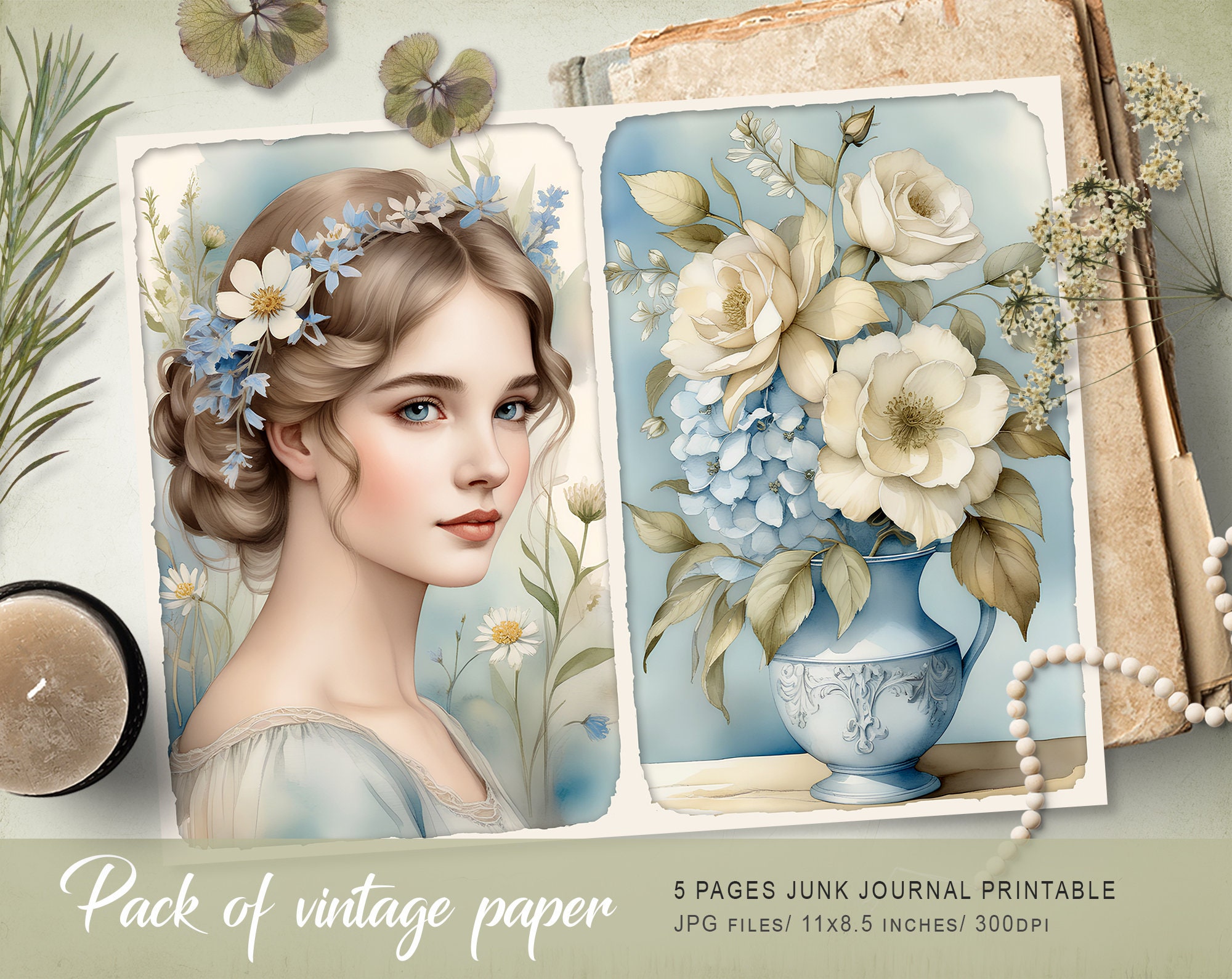 Blue & Ivory #2 Victorian Junk Journal Kit – Floral Collage (digital ...