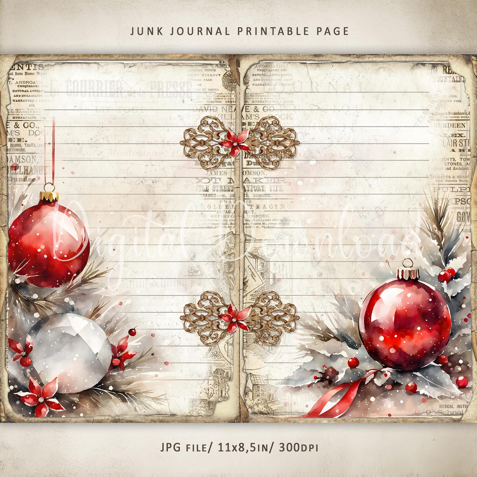 Vintage Christmas Blank Lined Junk Journal Pages, Christmas Basic Junk ...