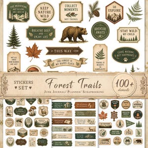 Bospaden stickers voor junk journals, printbare plannerstickers, uitgesneden afbeeldingen, digitale ephemera, scrapbook, JPG
