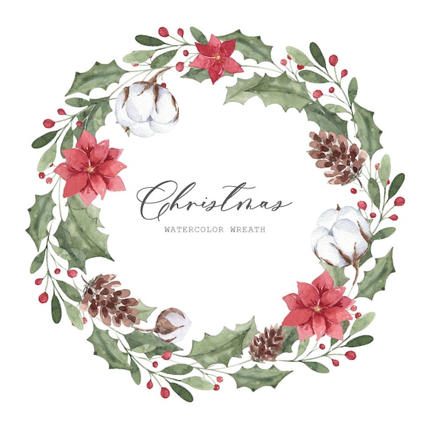 Christmas wreath clipart, Watercolor Wreath, Mistletoe Wreath, Holly Wreath, Digital Download, Festive Clipart, Poinsettia, PNG Wreath