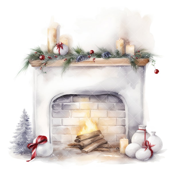 Christmas fireplace- 12JPG, fireplace clipart, christmas clipart, watercolor clipart, digital planner, card making, wall art, yunk journals