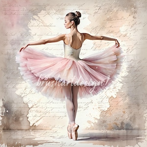 Puede incluir: Una bailarina en un tut&uacute; rosa con un corpi&ntilde;o blanco se para en un escenario con un fondo de notas escritas a mano descoloridas.