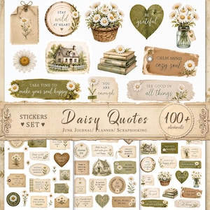 Pode incluir: Um conjunto de autocolantes digitais com ilustrações de margaridas, incluindo uma casa de campo, livros, frascos e etiquetas com citações como Stay Wild at Heart, Calm Mind Cozy Soul e You Are Enough, num fundo bege com texturas vintage.