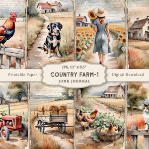 Country Farm-1 Junk Journal Kit, páginas para impressão em aquarela de fazenda, papel para scrapbooking de fazenda, colagem de animais de fazenda, coisas efêmeras vintage de vila