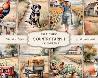 Country Farm-1 Junk Journal Kit, Watercolor Farmhouse Printable Pages, Farm Scrapbooking Paper,Farm Animals Collage,Village Vintage Ephemera