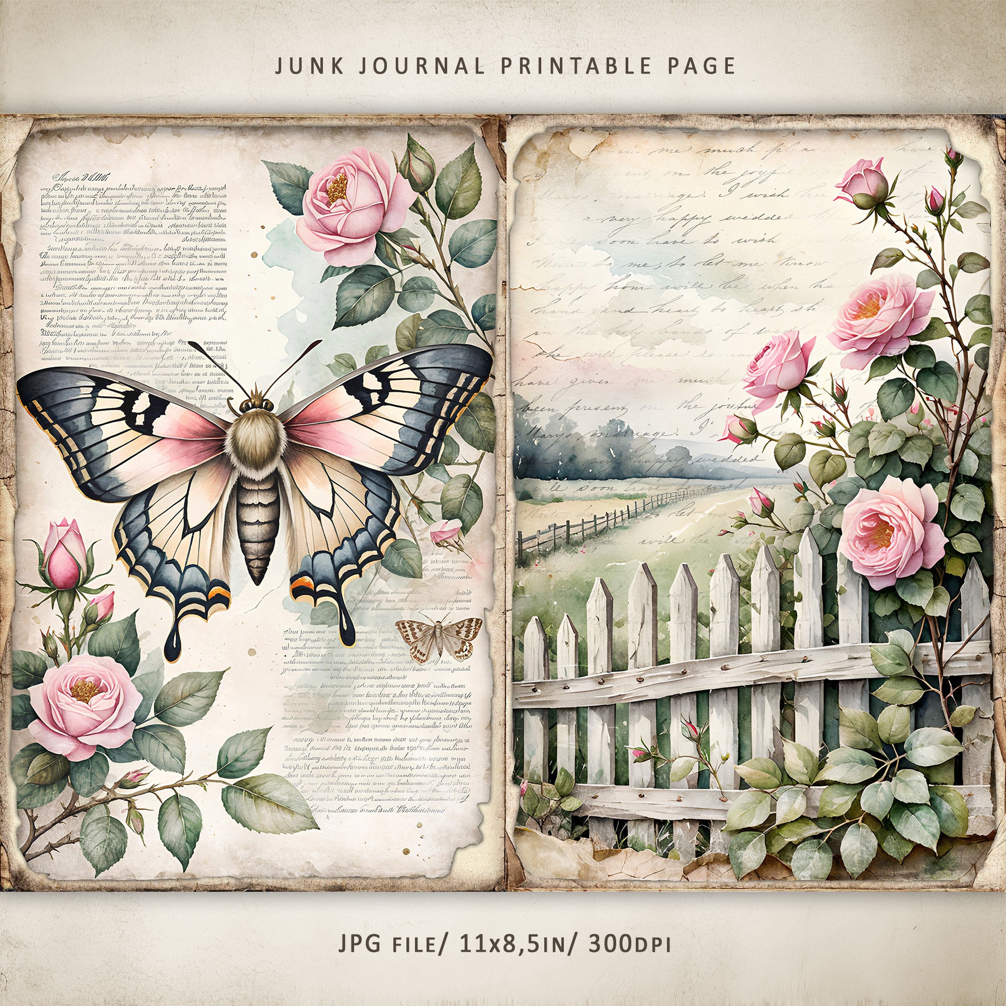 Shabby Chic Roses-3 Junk Journal Kit, Floral Shabby Chic Roses Pages ...