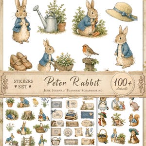 May include: A digital sticker set featuring Peter Rabbit illustrations, including rabbits in blue jackets, a watering can, a straw hat, brown shoes, a robin, and various garden elements. The text reads Peter Rabbit, Stickers Set, 100+ elements, Junk Journal, Planner, Scrapbooking.