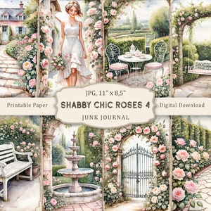 Kit di diario spazzatura Shabby Chic Roses-4, pagine floreali ad acquerello di rose Shabby Chic, carta per diario di rose, foglio di collage floreale, diario di fiori