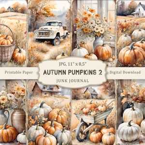 Kit de diario basura de calabazas de otoño-2, páginas de diario basura imprimibles de otoño, páginas imprimibles de calabaza, papel de álbum de recortes, hoja de collage digital de otoño