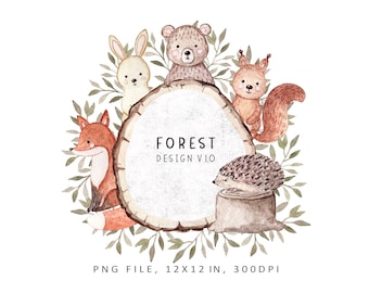 Op de afbeelding: Waterverfillustratie van een boslandschap met een vos, een beer, een konijn, een eekhoorn en een egel. De dieren zijn gerangschikt rond een rond houten bord met de tekst "FOREST DESIGN VIO" in bruine letters.