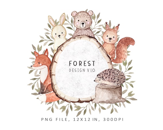 Woodland animals sublimation, Forest animals watercolor frame, Baby Shower, Birthday Invitation, Children's shower, Nursery Png Decor