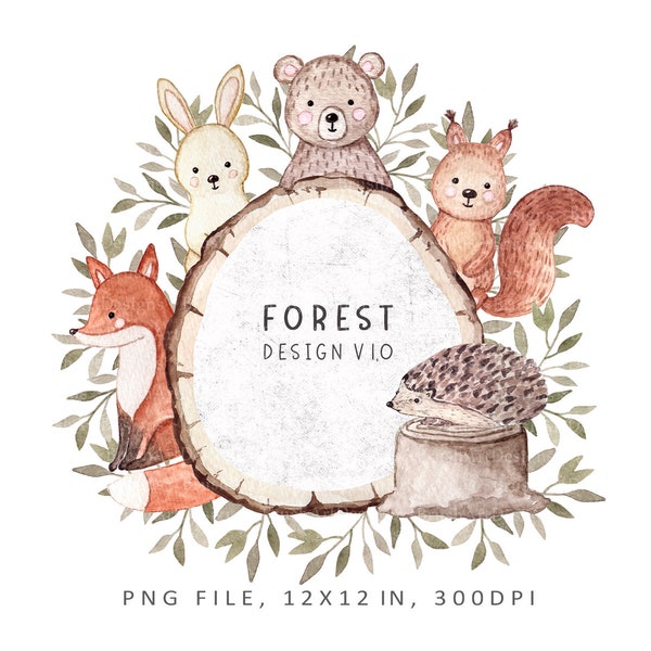 Woodland animals sublimation, Forest animals watercolor frame, Baby Shower, Birthday Invitation, Children's shower, Nursery Png Decor