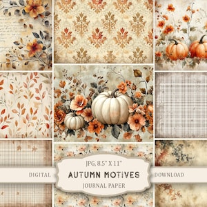 Op de afbeelding: Een digitale collage van herfst-thema journaalpapier. De afbeelding toont verschillende patronen, waaronder bloemstukken met oranje bloemen en witte pompoenen, damastontwerpen en geruite texturen. De tekst luidt "AUTUMN MOTIVES JOURNAL PAPER".