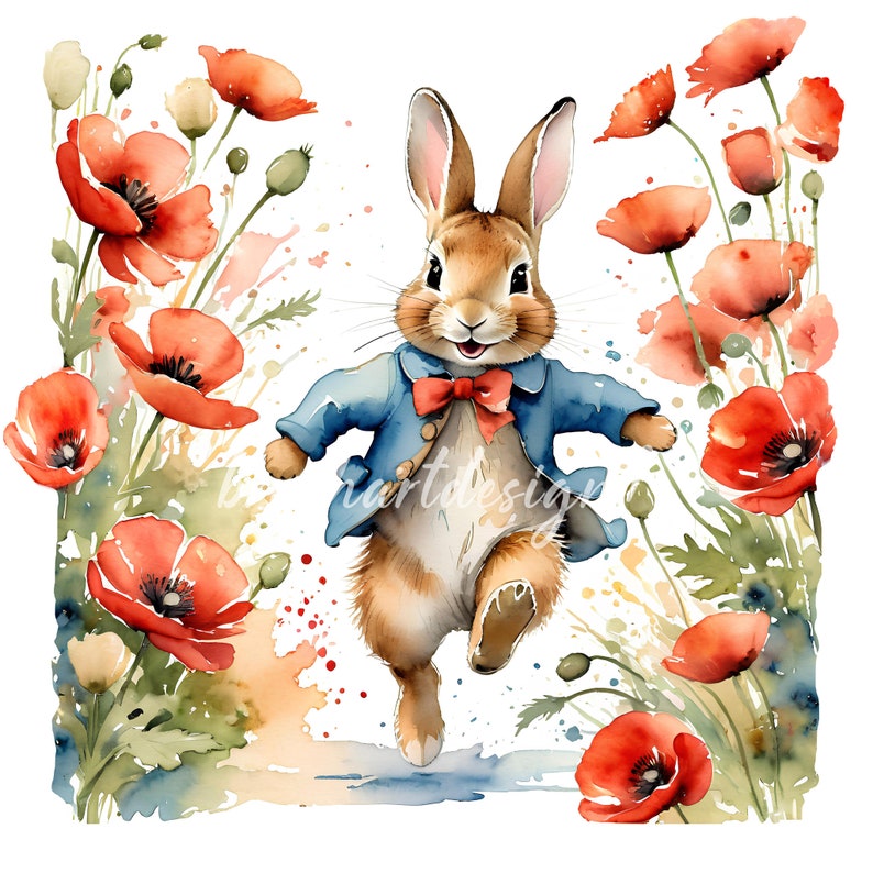11 Peter Rabbit and Poppies Clipart, Beatrix Potter Style, Poppy Field ...