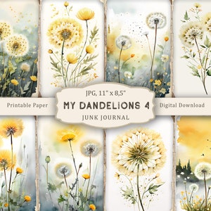 Kit My Dandelions-4 Junk Journal, pagine stampabili con denti di leone acquerellati, carta per scrapbooking con denti di leone, collage di denti di leone, effimeri vintage